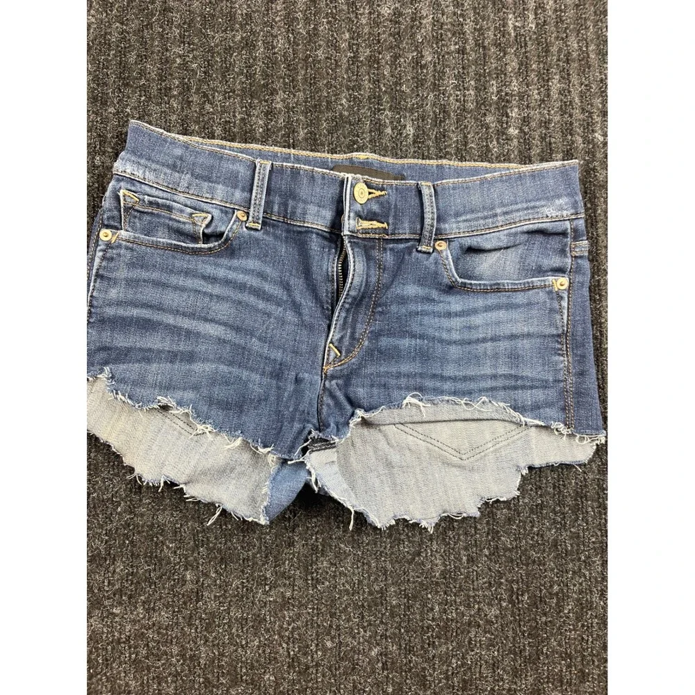 Womens High Waisted Denim Shorts Medium Wash Blue Frayed Raw‎ Hem Cut Offs